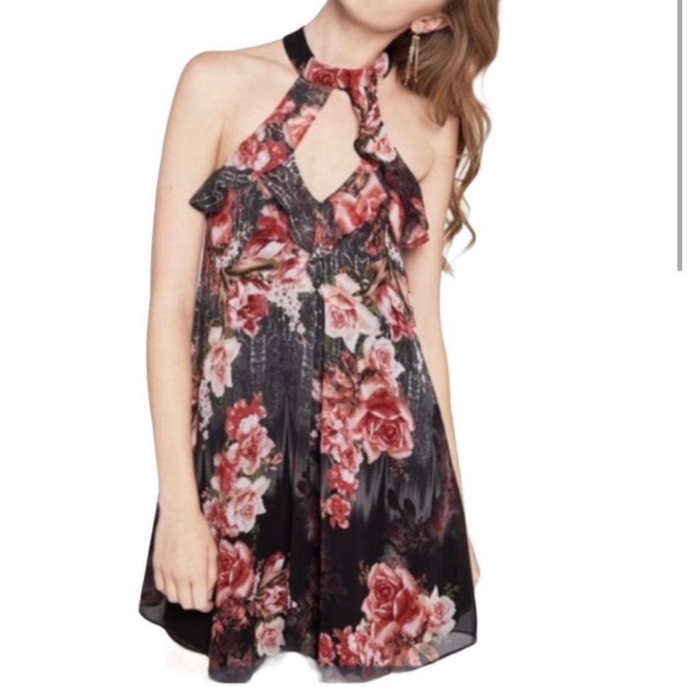 BCBGeneration Halter Dress Black Red Floral Ruffle